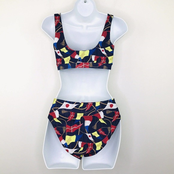 Muze Women's S/M Bikini Set High Waisted Swimwear Stretch Flags Navy Blue AK17 - Picture 4 of 4